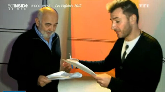 Gérard Jugnot et Michaël Youn - Dans les coulisses des préparations du spectacle des Enfoirés 2015. Le concert sera diffusé le vendredi 13 mars à 20h55 sur TF1. Emission 50 mn inside, diffusée le 8 mars 2015 sur TF1.