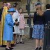 La reine Elizabeth II, la comtesse Sophie de Wessex, Lady Louise et la princesse Beatrice lors de la messe de Pâques en la chapelle St George à Windsor le 5 avril 2015.