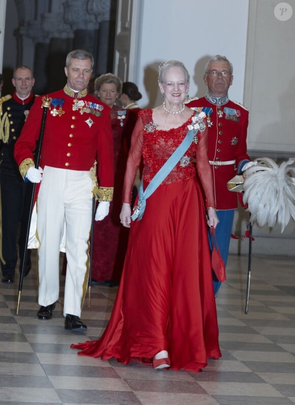 La reine Margrethe II de Danemark fêtait ses 75 ans lors d'un dîner au palais de Christiansborg la veille de son anniversaire à Copenhague, le 15 avril 2015.