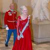 La reine Margrethe II de Danemark arrivant au banquet pour ses 75 ans, le 15 avril 2015 au palais de Christiansborg.