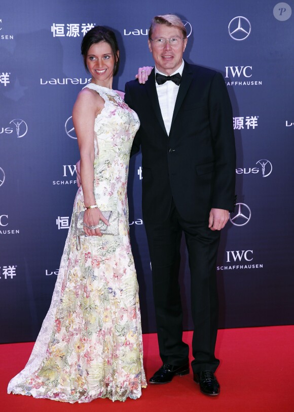 Mika Hakkinen et sa compagne Marketa Kromatova - Cérémonie des Laureus World Sport Awards 2015 à Shanghai le 15 avril 2015