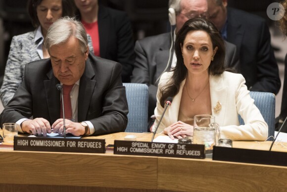 Angelina Jolie parle des réfugiés syriens lors d'une conférence à l’ONU, le 24 avril 2015