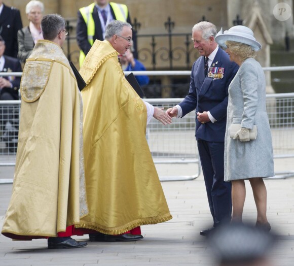 La prince Charles et la duchesse Camilla. Cérémonie de commémoration pour le 70e anniversaire de la fin de la Seconde Guerre Mondiale à l'abbaye de Westminster à Londres le 9 mai 2015.