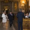La princesse Madeleine de Suède, enceinte de près de huit mois, son mari Christopher O'Neill et leur fille la princesse Leonore à la chapelle royale du palais Drottningholm, à Stockholm, le 17 mai 2015 pour la cérémonie de publication des bans du mariage du prince Carl Philip de Suède et de Sofia Hellqvist