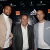 Semi-Exclusif - Benjamin Patou (patron de l'Arc) entre Nicolas Batum et Zinédine Zidane à la soirée Adidas à l'Arc à Paris, le 28 mai 2015. 