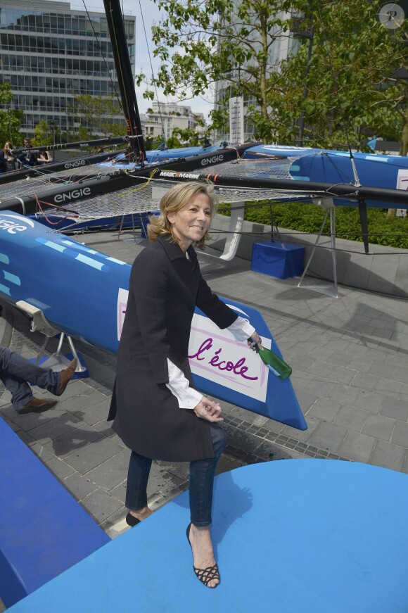 Le catamaran GC32 ENGIE de Sébastien Rogues a officiellement été baptisé par Claire Chazal, marraine du bateau, et Gérard Mestrallet, PDG d'ENGIE à la Défense à Paris. Mercredi 10 juin 2015.