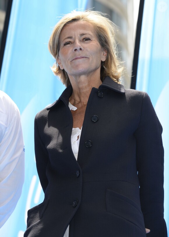 Le catamaran GC32 ENGIE de Sébastien Rogues a officiellement été baptisé par Claire Chazal, marraine du bateau, et Gérard Mestrallet, PDG d'ENGIE à la Défense à Paris. Mercredi 10 juin 2015.