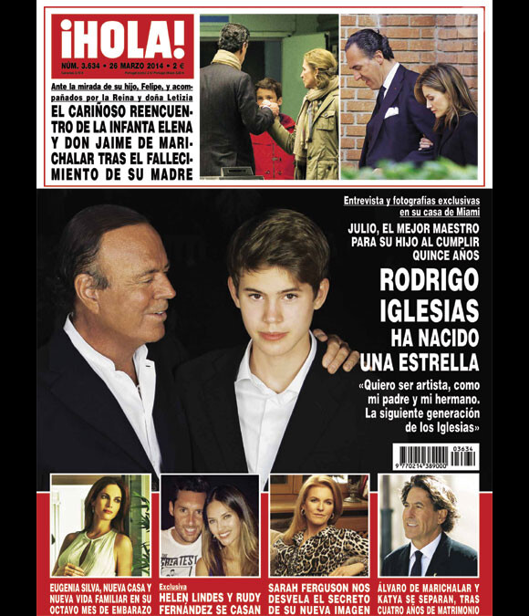 Julio Iglesias pose avec son fils Rodrigo en couverture de Hola! (édition du 26 mars 2014) : pour ses 15 ans, le jeune homme donne sa toute première interview