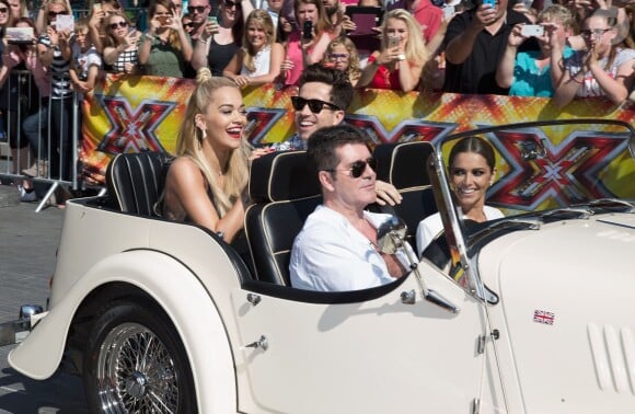 Simon Cowell, Rita Ora, Cheryl Fernandez-Versini (Cheryl Cole) et Nick Grimshaw - Les membres du jury de l'émission "X-factor" à leur arrivée aux auditions à Londres. Le 19 juillet 2015