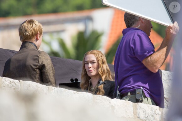 Tournage de la saison 5 de la série "Game of Thrones" à Dubrovnik en Croatie le 24 septembre 2014 avec Lena Heady (Cersei Lannister) et Dean-Charles Chapman (Tommen Baratheon)
