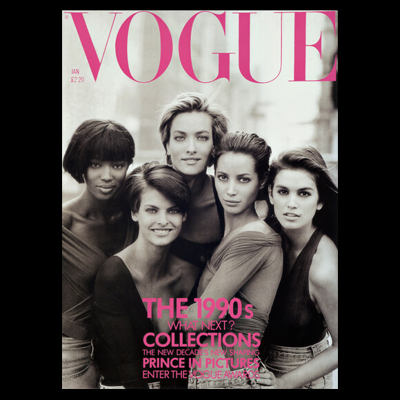 Couverture de Vogue Magazine, janvier 1990, avec Naomi Campbell, Linda Evangelista, Christy Turlington et Tatjana Patitz