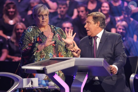 Exclusif - Laurence Boccolini, Jean-Pierre Foucault, lors du tournage de l'émission spéciale des 15 ans de Qui veut gagner des millions ? (tournage le lundi 31 août 2015, diffusion le samedi 5 septembre 2015 à 20h55 sur TF1).