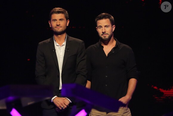 Exclusif - Christophe Beaugrand et Mathieu, gagnant de l'émission "QI: la France passe le test" au profit de l'Association Petits Princes, lors du tournage de l'émission spéciale des 15 ans de Qui veut gagner des millions ? (tournage le lundi 31 août 2015, diffusion le samedi 5 septembre 2015 à 20h55 sur TF1). 