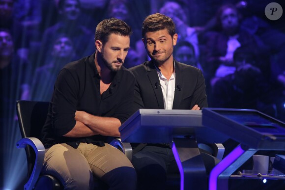 Exclusif - Christophe Beaugrand et Mathieu, gagnant de l'émission "QI: la France passe le test" au profit de l'Association Petits Princes, lors du tournage de l'émission spéciale des 15 ans de Qui veut gagner des millions ? (tournage le lundi 31 août 2015, diffusion le samedi 5 septembre 2015 à 20h55 sur TF1). 