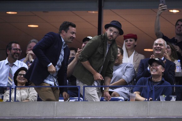 Justin Timberlake et son copain Jimmy Fallon danse façon Single Ladies de Beyoncé lors du tournoi de l'US Open à New York le 9 septembre 2015