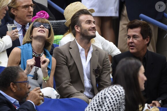 David Beckham et Anna Wintour lors de la finale de l'US Open entre Roger Federer et Novak Djokovic à l'USTA Billie Jean King National Tennis Center de Flushing dans le Queens à New York, le 13 septembre 2015