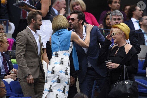 Hugh Jackman et son épouse Deborah-Lee Furness, David Beckham, Anna Wintour et sa fille Bee Shaffer lors de la finale de l'US Open entre Roger Federer et Novak Djokovic à l'USTA Billie Jean King National Tennis Center de Flushing dans le Queens à New York, le 13 septembre 2015