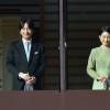 Le prince Fumihito et la princesse Kiko d'Akishino avec leur fille la princesse Mako le 2 janvier 2014 au balcon du palais impérial pour le Nouvel An.