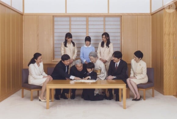 L'emperor Akihito, l'imperatrice Michiko, le prince Naruhito, prince Hisahito, prince Akishino, princesse Kiko, princesse Masako, princesse Mako, princesse Aiko, princesse Kako. Photo de la famille impériale du Japon pour les voeux du Nouvel An 2014.