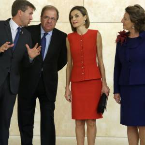 La reine Letizia d'Espagne (tailleur Nina Ricci, sandales Uterque) présidait le 23 septembre 2015 à Burgos la cérémonie de remise du prix V de Vida et des bourses de l'Association espagnole contre le cancer (AECC) et sa fondation scientifique, dont elle est la présidente d'honneur.