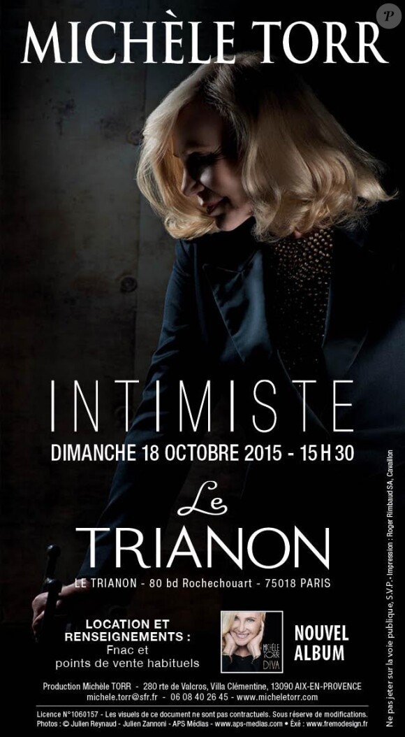 Michèle Torr présentera son nouveau spectacle Intimiste, sur la scène du Trianon de Paris le 18 octobre prochain.