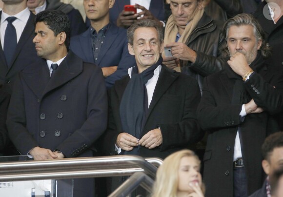 Nasser Al-Khelaïfi, Nicolas Sarkozy, Vincent Labrune au Parc des Princes lors du match entre le Paris Saint-Germain et l'Olympique de Marseille, le 4 octobre 2015