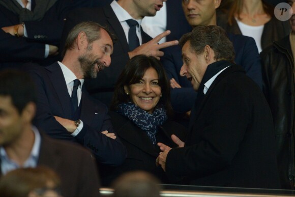 Nicolas Sarkozy, Anne Hidalgo et Jean-Claude Blanc au Parc des Princes lors du match entre le Paris Saint-Germain et l'Olympique de Marseille, le 4 octobre 2015