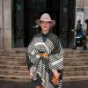 Caroline Receveur arrive au Palais de Tokyo pour assister au défilé agnès b. (collection printemps-été 2016). Paris, le 6 octobre 2015.