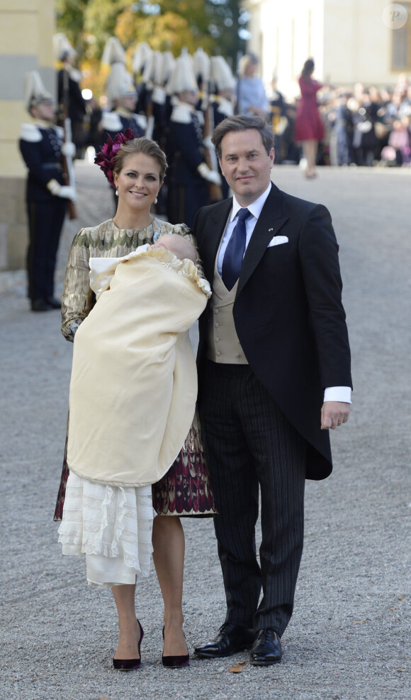 La princesse Madeleine de Suède, son mari Christopher (Chris) O'Neill et leur fils le prince Nicolas de Suède - Baptême du prince Nicolas de Suède à la chapelle du palais Drottningholm à Stockholm, le 11 octobre 2015