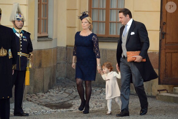 Nathalie Werner et Dag Werner - Arrivées au baptême du prince Nicolas de Suède à la chapelle du palais Drottningholm à Stockholm, le 11 octobre 2015