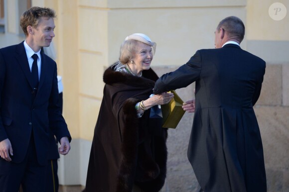 La comtesse Marianne Bernadotte de Wisborg- Arrivées au baptême du prince Nicolas de Suède à la chapelle du palais Drottningholm à Stockholm, le 11 octobre 2015
