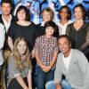 Julie Zenatti, Dany Brillant, Idir, Vincent Niclo, Sara Carreira, Lisa Angell, Véronique Jannot, Paul Ventimila (The Voice Kids), Nathalie Noah, Yannick Noah, Lorie (Laure Pester), Natasha St-Pier (enceinte) et Gérard Lenorman, lors de la présentation de l'album du conte musical Martin et les fées, à l'hôtel de Sers à Paris le 8 octobre 2015.