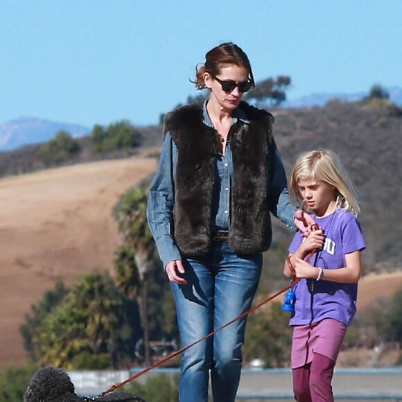 Exclusif - PJulia Roberts et son mari Daniel Moder montent a bord d'un jet prive avec leurs enfants Phinnaeus, Hazel et Henry a Los Angeles, le 23 decembre 2013.