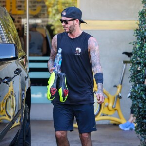 Victoria Beckham et son mari David Beckham sortent de leur séance de gym au Soul Cycle à Los Angeles, le 20 octobre 2015.