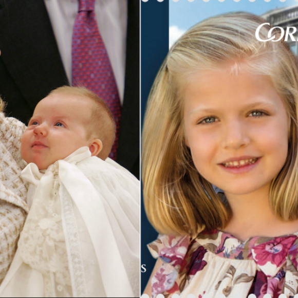 A gauche : Leonor, fille de Felipe et Letizia d'Espagne, lors de son baptême à la Zarzuela en janvier 2006 / A droite, timbre-poste à l'effigie de Leonor à l'occasion des Premiers Prix Princesse des Asturies. Le 31 octobre 2015, la princesse des Asturies fête ses 10 ans.