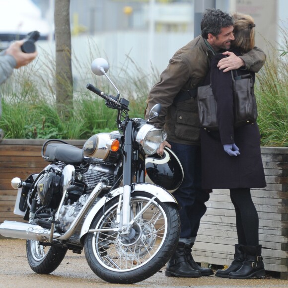 Patrick Dempsey et Renée Zellweger sur le tournage du film "Bridget Jones 3" au Stratford Olympic Park à Londres, le 6 novembre 2015.