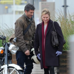 Patrick Dempsey et Renée Zellweger sur le tournage du film "Bridget Jones 3" au Stratford Olympic Park à Londres, le 6 novembre 2015.