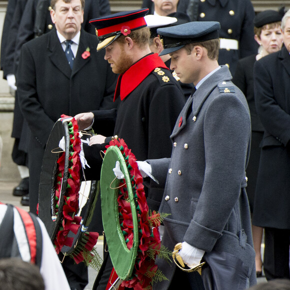 Le prince Harry et le prince William lors des cérémonies du "Remembrance Day" au Cénotaphe de Whitehall à Londres, le 8 novembre 2015