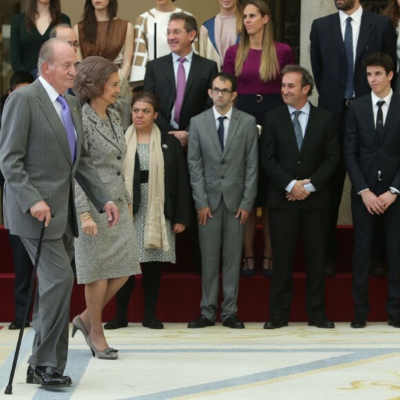 Le roi Felipe VI et la reine Letizia d'Espagne, avec le roi Juan Carlos Ier et la reine Sofia, remettaient le 17 novembre 2015 au palais royal du Pardo les Prix nationaux du Sport 2014.