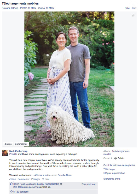 Mark Zuckerberg annonce l'arrivée prochaine d'un premier bébé avec Priscilla Chan le 31 juillet 2015 sur Facebook.