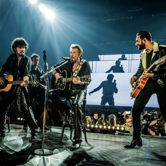 Exclusif - Robin Le Mesurier, Yarol Poupaud et Maxim Nucci (Yodelice) entourent Johnny Hallyday en concert à Amnéville. Le 18 novembre 2015 ©Andred/Bestimage.