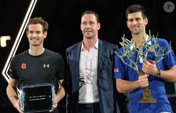 Andy Murray, Michaël Llodra et Novak Djokovic après la finale du BNP Paribas Masters à l'AccorHotels Arena de Paris le 8 novembre 2015 © Veeren