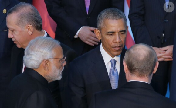 Le président des USA Barack Obama en compagnie du président turque Tayyp Erdokan et du premier ministre indien Narenda Modi lors du sommet du G20 à Antalya en Turquie, le 15 novembre 2015.