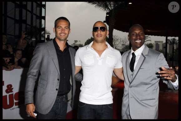 Vin Diesel entouré de Paul Walker et Tyrese Gibson à Marseille le 28 avril 2011.