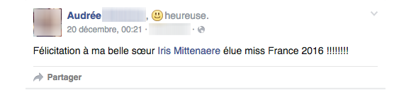 La belle-soeur d'Iris Mittenaere la félicite suite à son sacre, le 20/12/15, sur Facebook