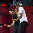 Les chanteurs Jay-Z et Justin Timberlake en concert lors du festival Wireless a Londres, le 14 juillet 2013.