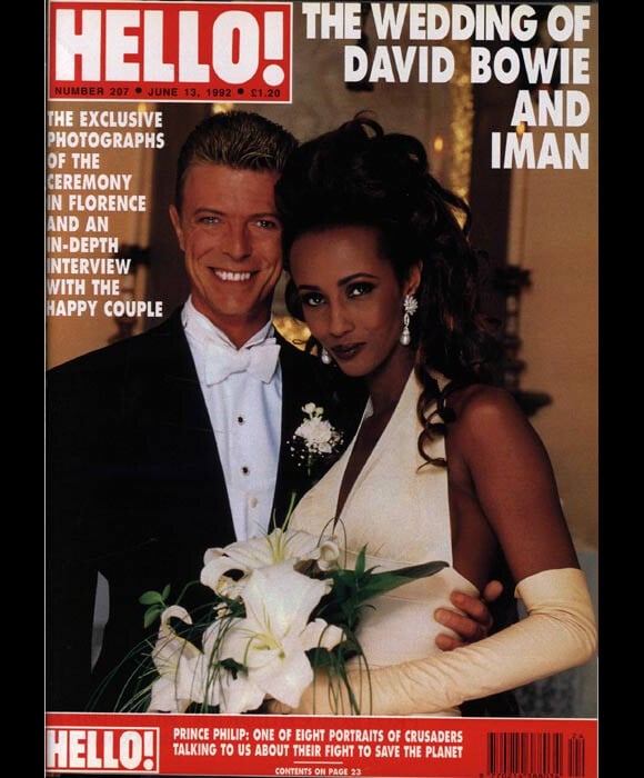 David Bowie et sa femme Iman en couverture de l'hebdomadaire Hello! en juin 1992, suite à leur mariage à Florence.