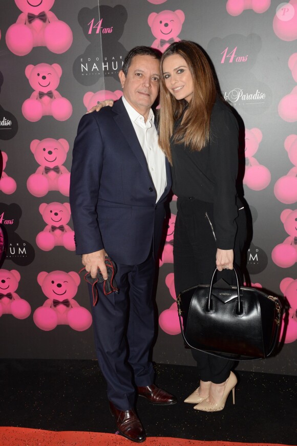 Exclusif - Edouard Nahum et Clara Morgane, lors de la soirée du 14e anniversaire du Pink Paradise à Paris le 14 janvier 2016. Le Pink Paradise présente lors de cet événement sa première ligne de joaillerie en collaboration avec Edouard Nahum : Pink Jewelery.
