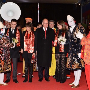 De gauche à droite, Louis Ducruet, sa mère, la princesse Stéphanie de Monaco, son frère, le prince Albert II et Camille Gottlieb, la dernière fille de la Princesse, arrivent pour assister à la 3eme soirée du 40eme Festival International du Cirque de Monte Carlo, le 16 janvier 2016. © Charly Gallo/ Pool Monaco / Bestimage