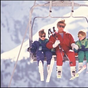 La princesse Diana avec les princes William et Harry en vacances à Lech en avril 1991